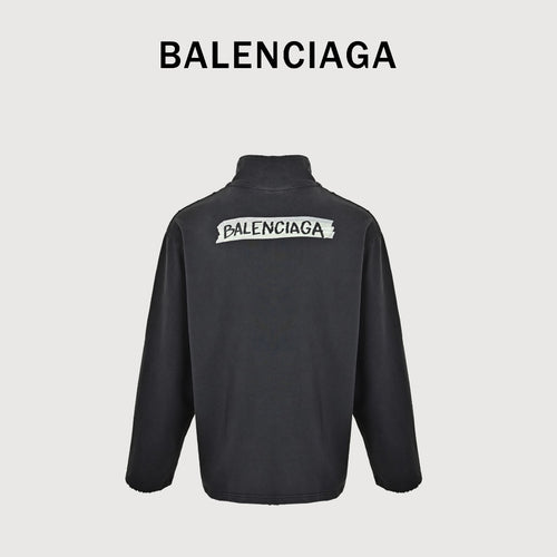 Balenciaga BLCG Back Rubber Print Mock-Neck Half-Zip Sweatshirt - Black