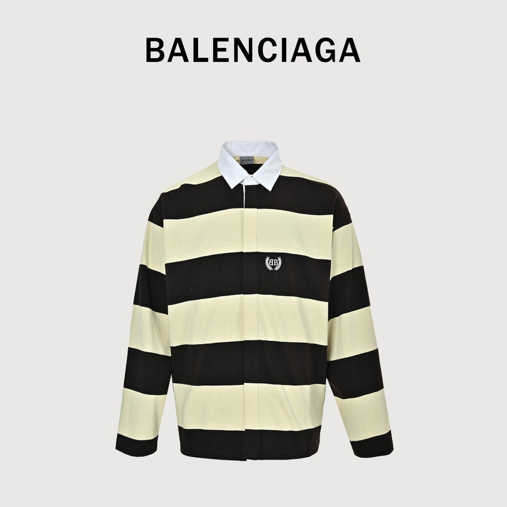Balenciaga BLCG Wheat-Stripe Rugby Collar Sweatshirt - Cream / Black