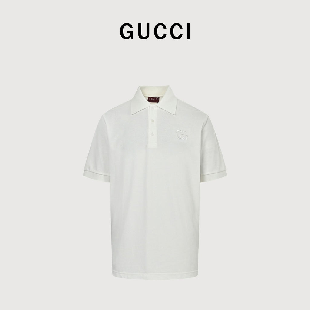 Gucci GUC GG Embroidered Short-Sleeve Polo Shirt - White
