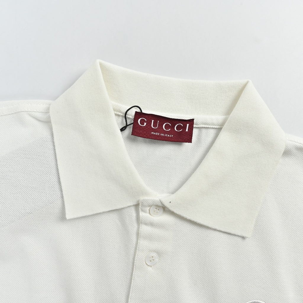 Gucci GUC GG Embroidered Short-Sleeve Polo Shirt - White