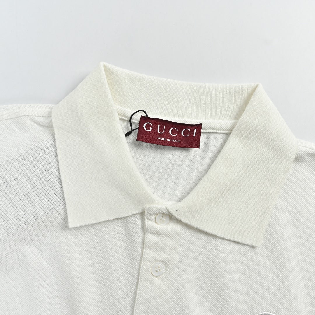 Gucci GUC GG Embroidered Short-Sleeve Polo Shirt - White