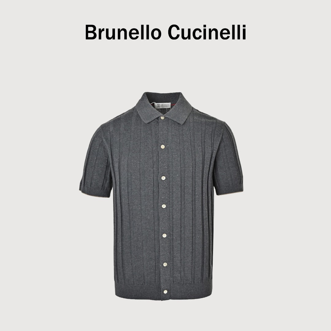 Brunello Cucinelli BC Vertical-Stripe Rib-Knit Short-Sleeve Cardigan - Grey