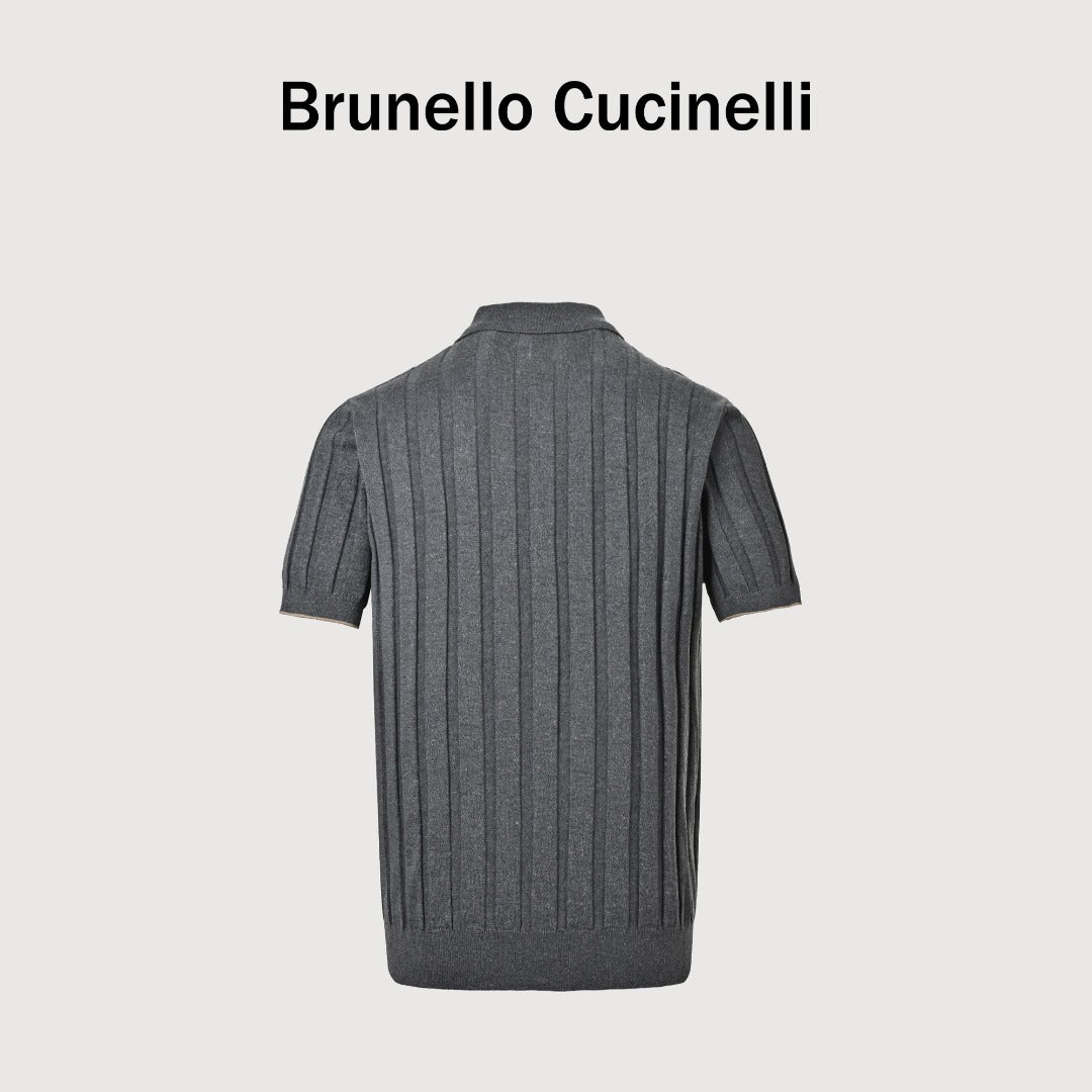Brunello Cucinelli BC Vertical-Stripe Rib-Knit Short-Sleeve Cardigan - Grey