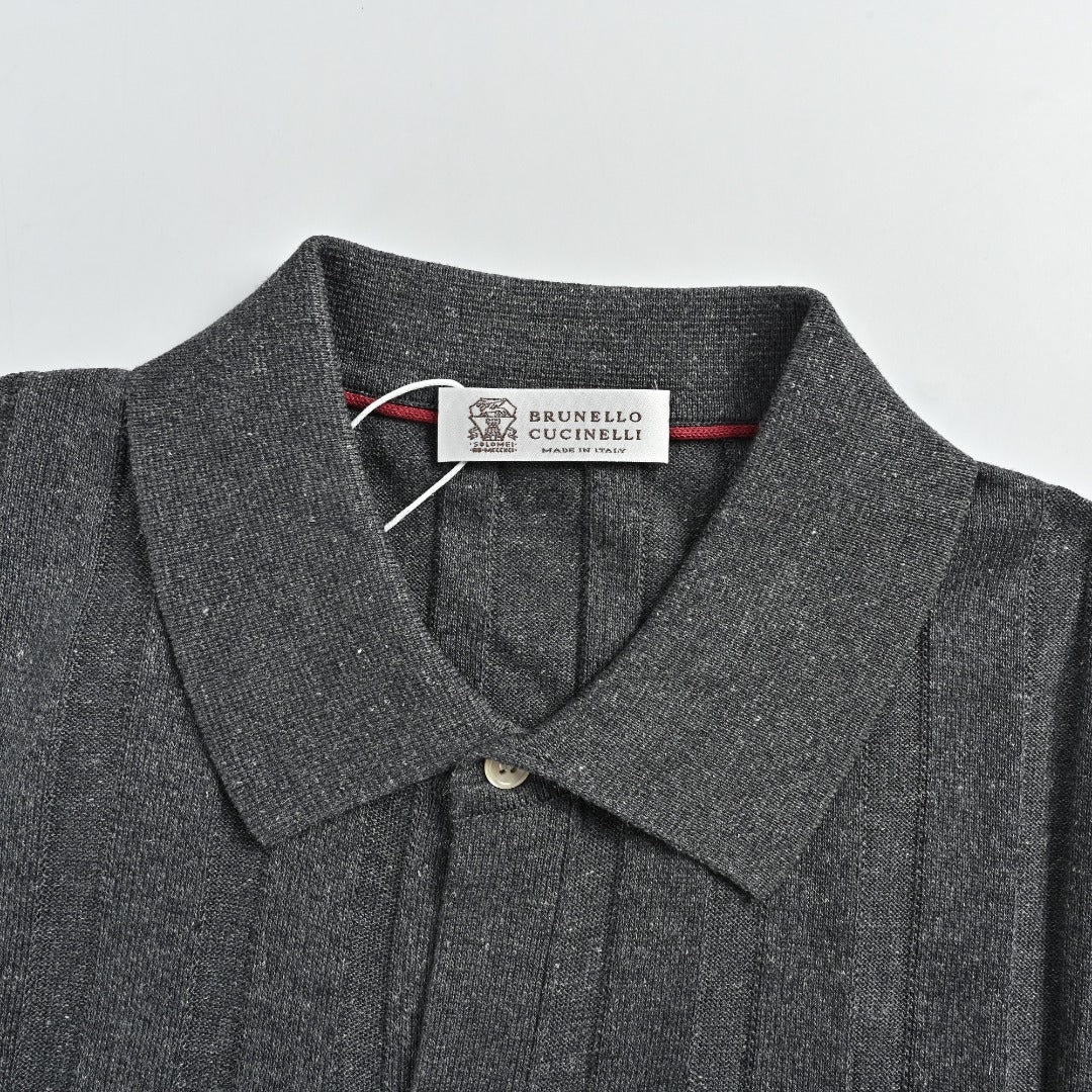 Brunello Cucinelli BC Vertical-Stripe Rib-Knit Short-Sleeve Cardigan - Grey