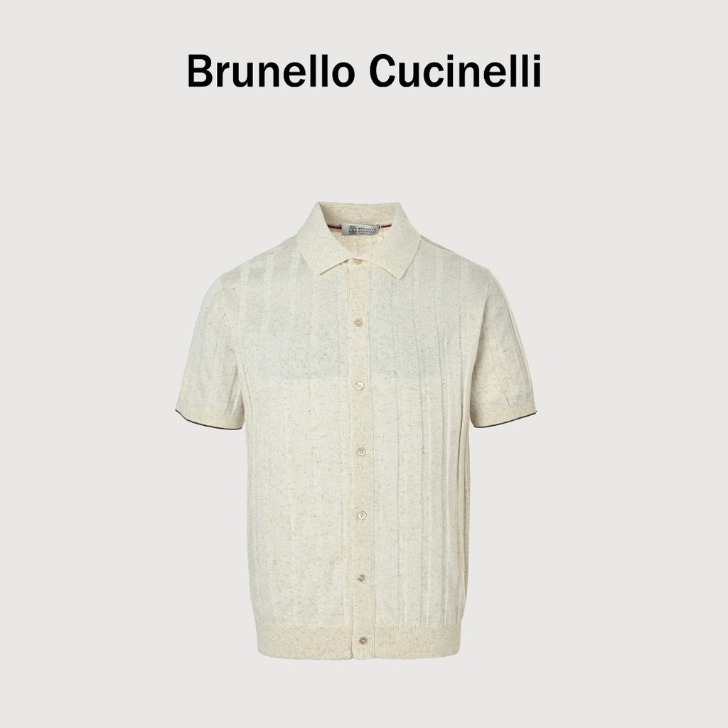 Brunello Cucinelli BC Vertical-Stripe Rib-Knit Short-Sleeve Cardigan - White