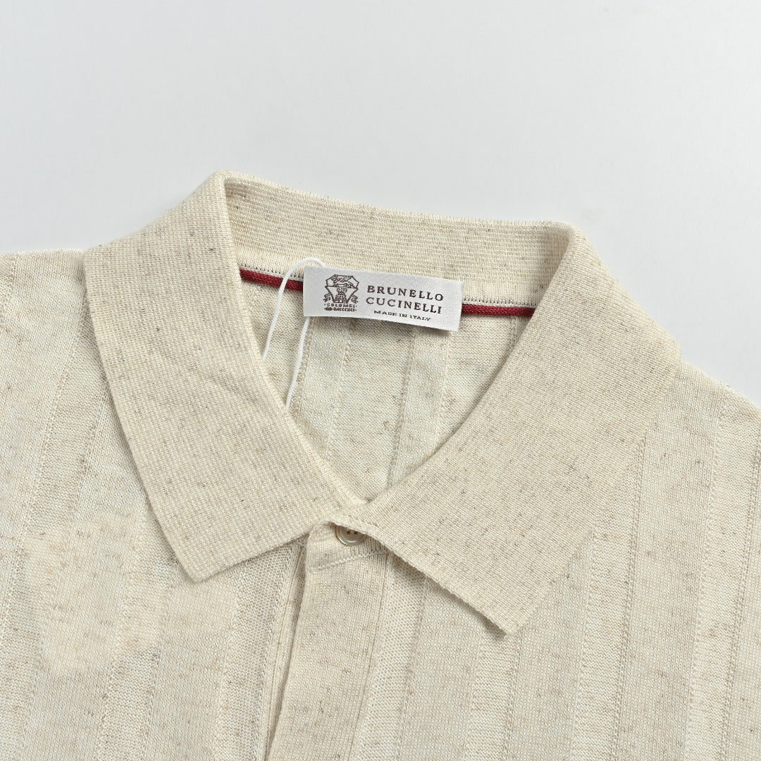 Brunello Cucinelli BC Vertical-Stripe Rib-Knit Short-Sleeve Cardigan - White
