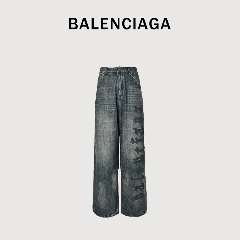 Balenciaga BLCG Distressed Jeans with Leg Patch Details - Washed Grey
