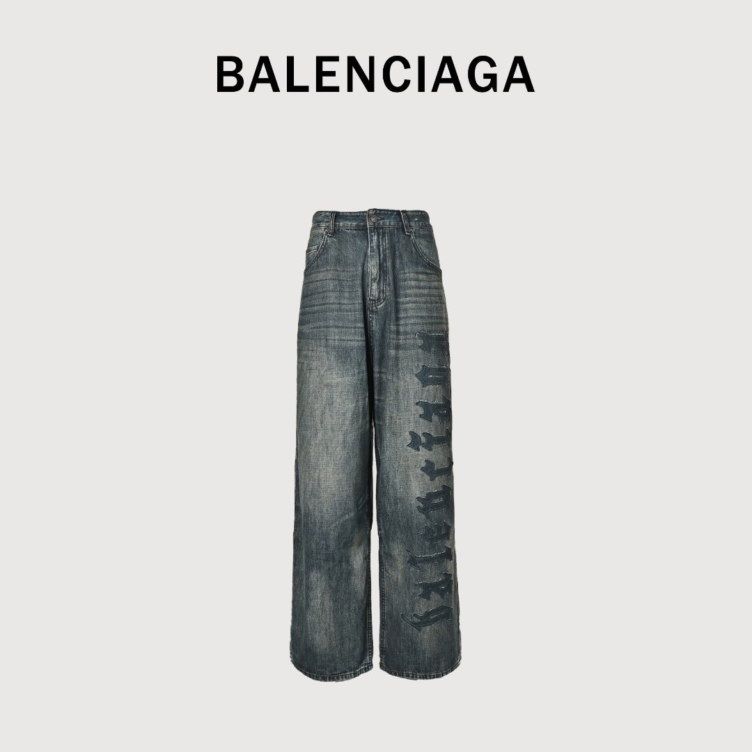Balenciaga BLCG Distressed Jeans with Leg Patch Details - Washed Grey