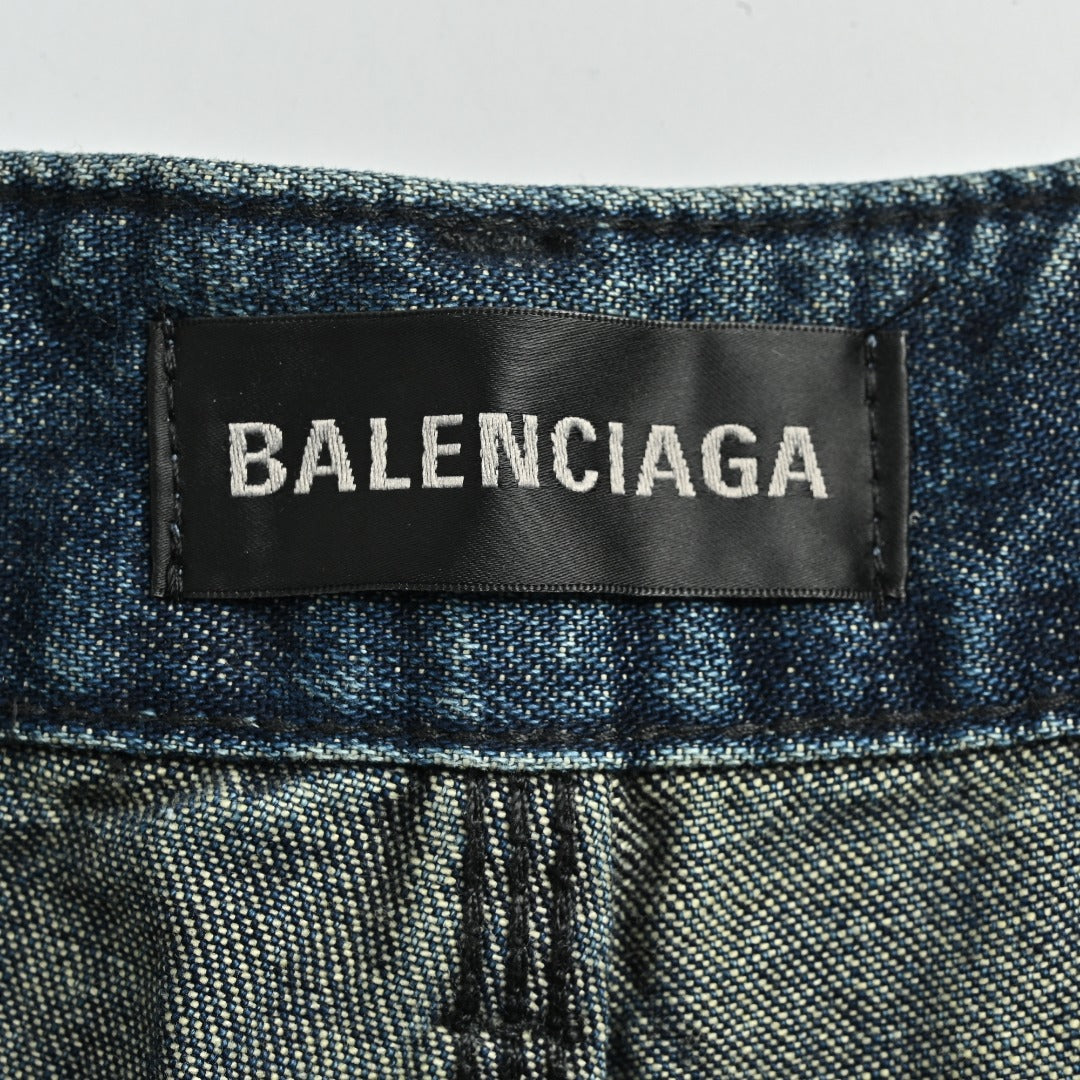 Balenciaga BLCG Distressed Jeans with Leg Patch Details - Washed Grey