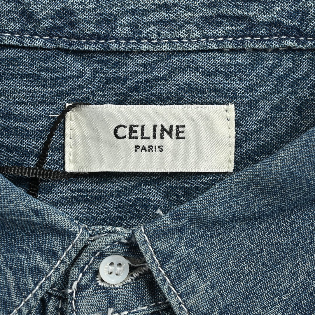 CELINE CE Triomphe Embroidered Denim Short-Sleeve Shirt - Blue