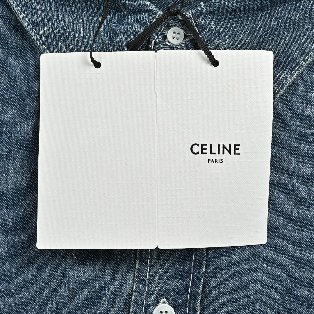 CELINE CE Triomphe Embroidered Denim Short-Sleeve Shirt - Blue
