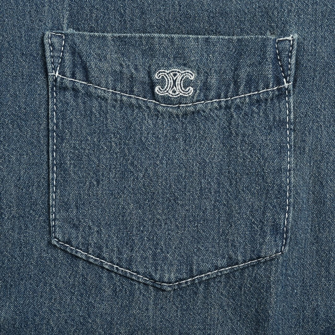 CELINE CE Triomphe Embroidered Denim Short-Sleeve Shirt - Blue