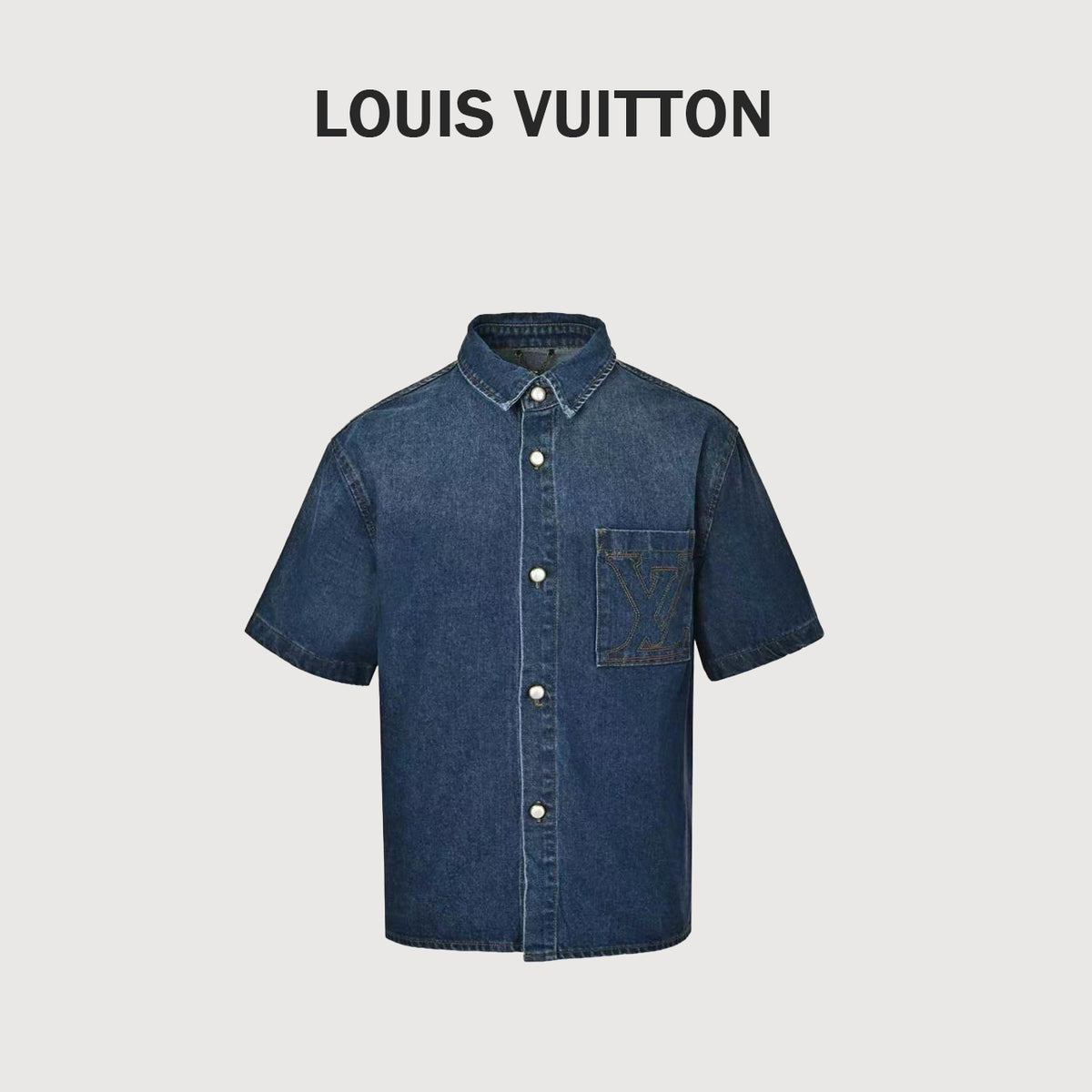 Louis Vuitton LV Pocket Logo Embroidered Short-Sleeve Denim Shirt - Dark Blue