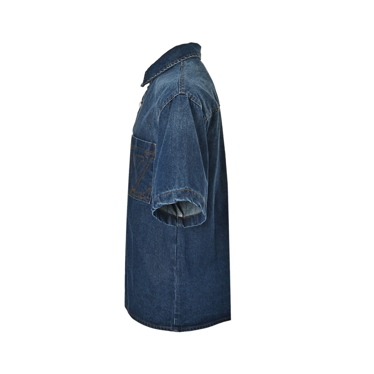 Louis Vuitton LV Pocket Logo Embroidered Short-Sleeve Denim Shirt - Dark Blue