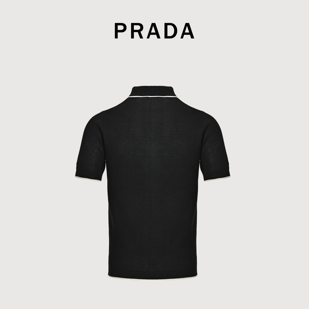 Prada PRD Logo Mesh Knit Short Sleeve Polo Shirt - Black