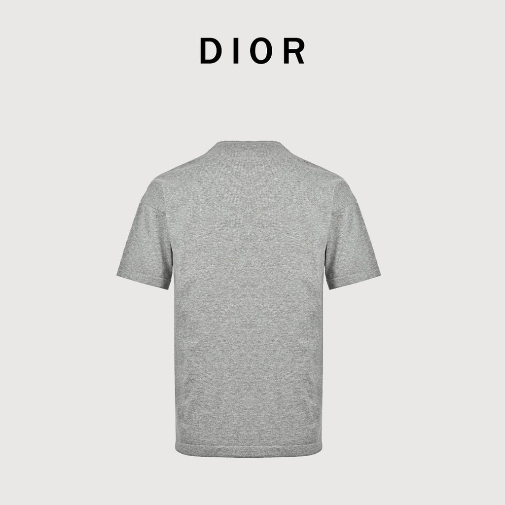 Dior CD Small Logo Knit Dropped-Shoulder Short Sleeve T-Shirt - Grey Marl