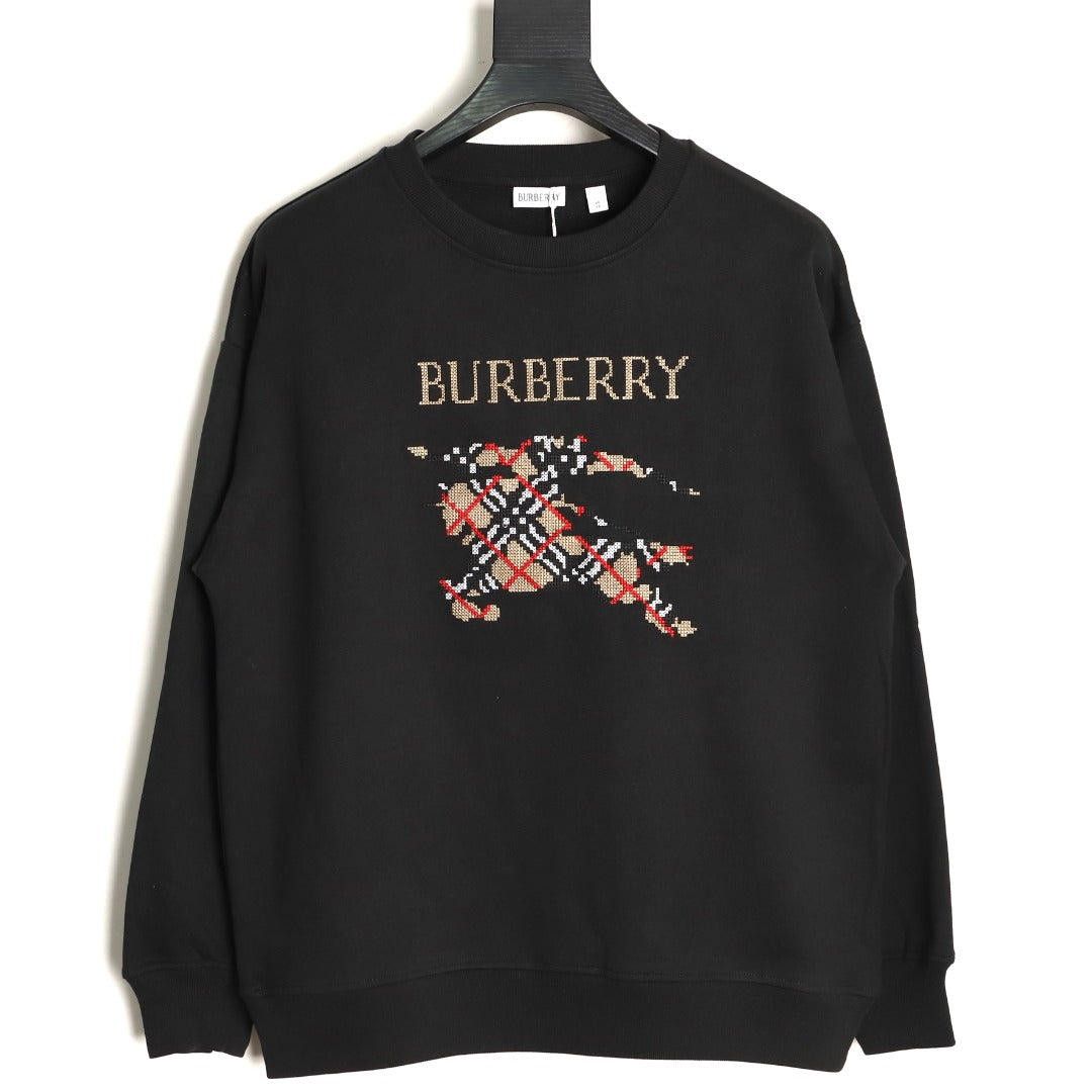 Burberry 25FW Equestrian Knight Cross-Stitch Embroidered Black Sweatshirt