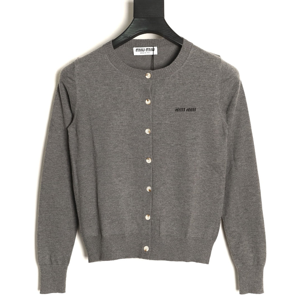 Miu Miu Embroidered Logo Grey Knit Cardigan