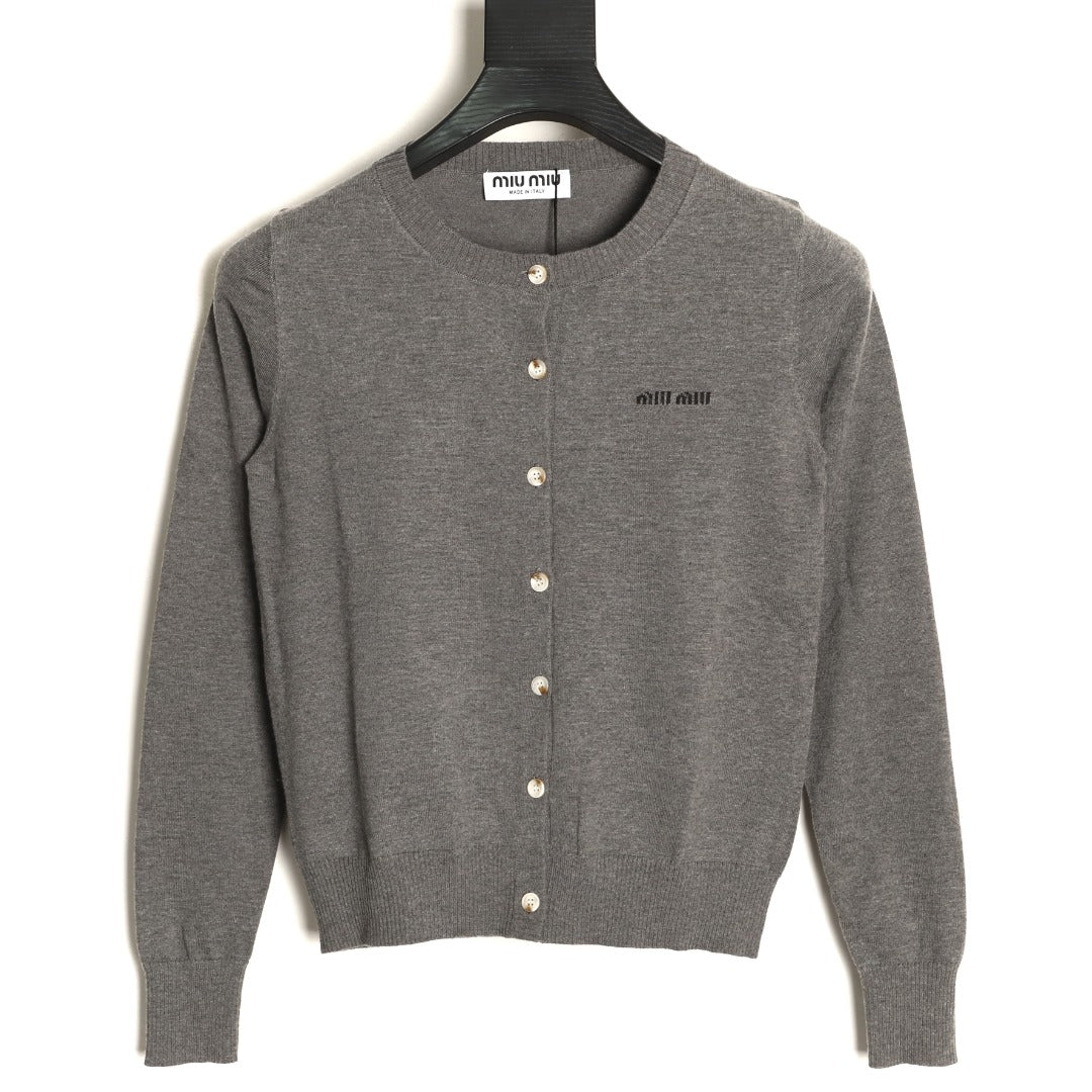 Miu Miu Embroidered Logo Grey Knit Cardigan