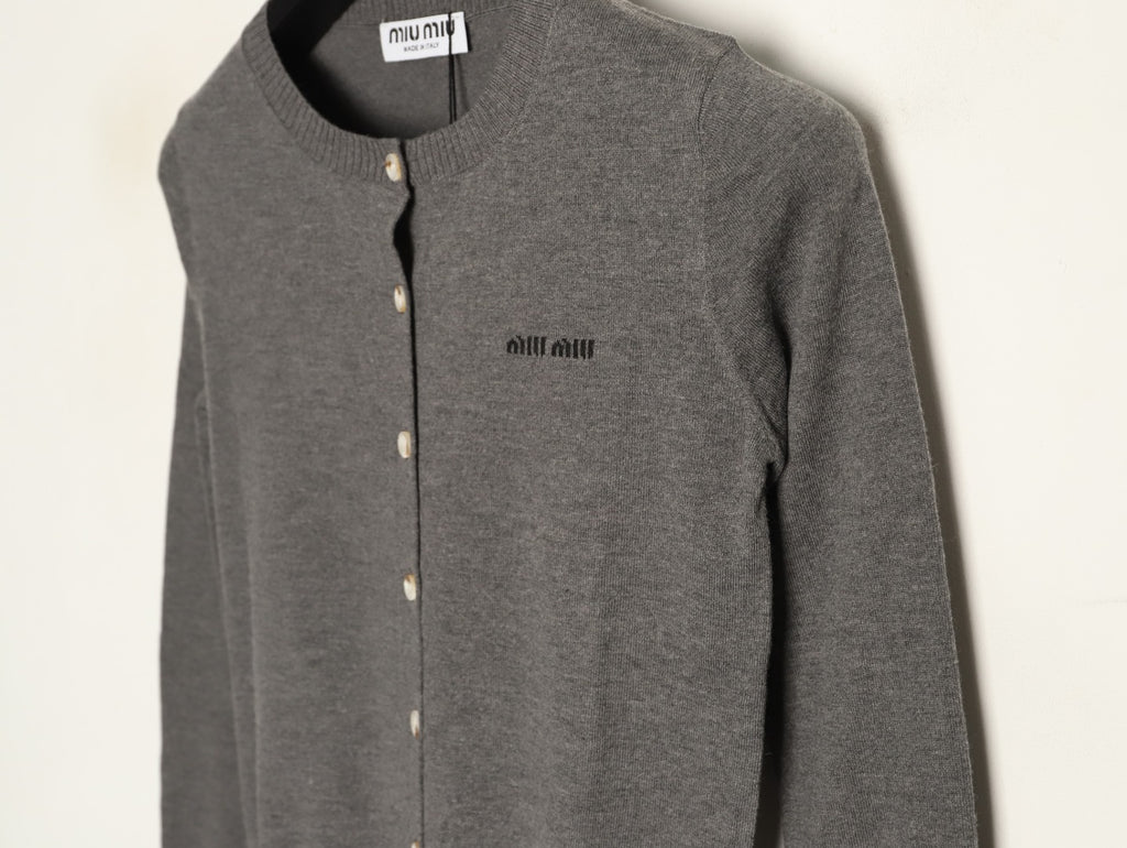 Miu Miu Embroidered Logo Grey Knit Cardigan