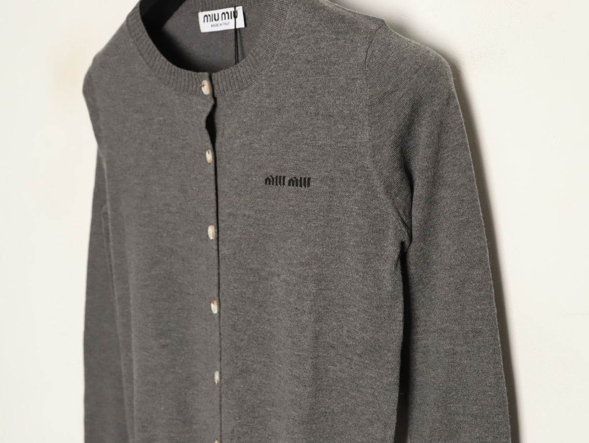 Miu Miu Embroidered Logo Grey Knit Cardigan