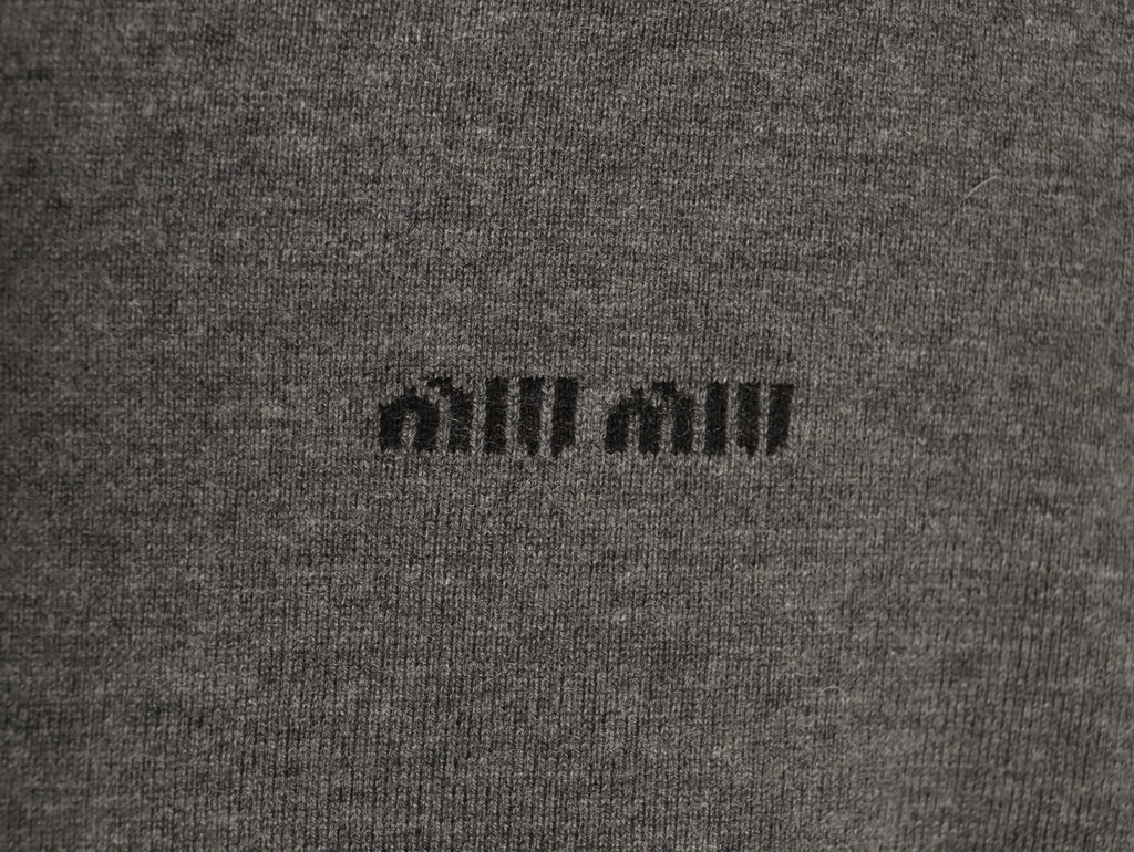 Miu Miu Embroidered Logo Grey Knit Cardigan