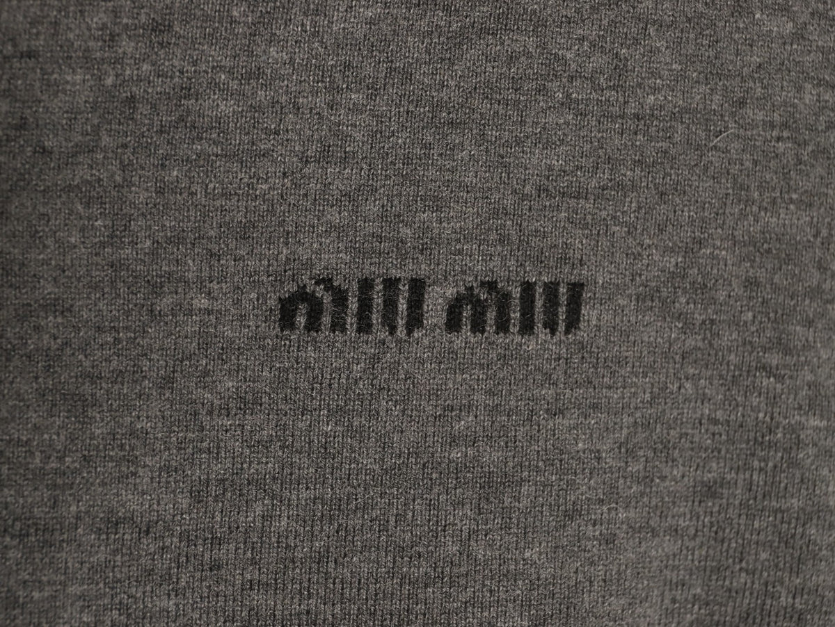 Miu Miu Embroidered Logo Grey Knit Cardigan