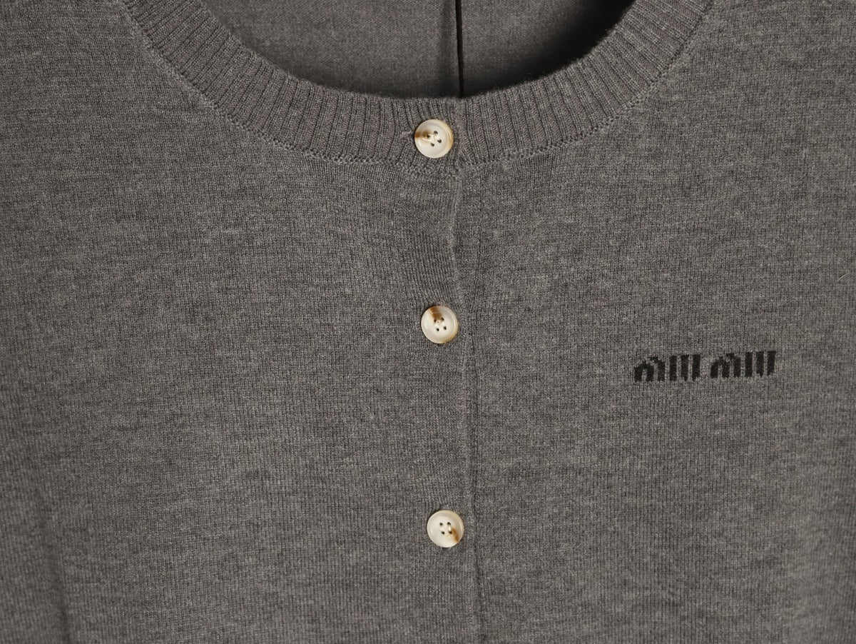 Miu Miu Embroidered Logo Grey Knit Cardigan