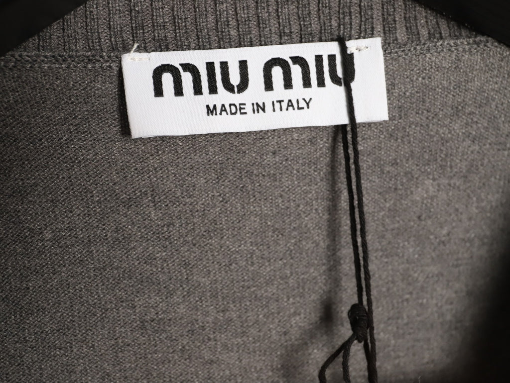 Miu Miu Embroidered Logo Grey Knit Cardigan