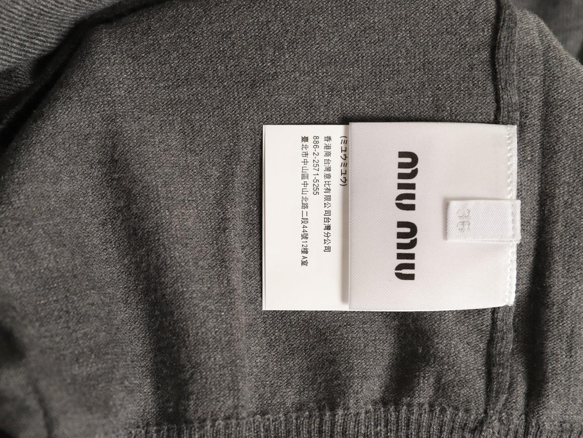 Miu Miu Embroidered Logo Grey Knit Cardigan
