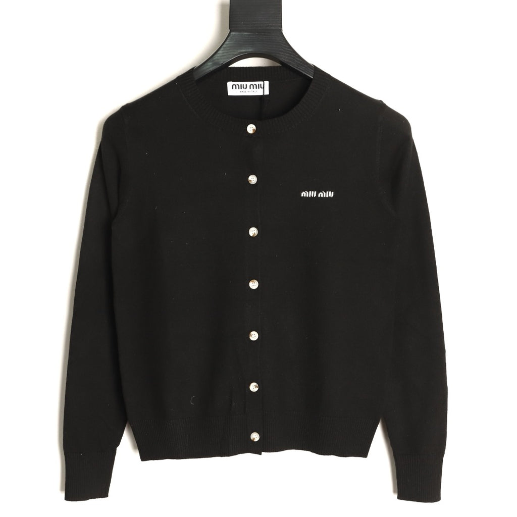 Miu Miu Embroidered Logo Black Knit Cardigan
