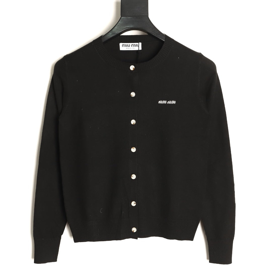 Miu Miu Embroidered Logo Black Knit Cardigan
