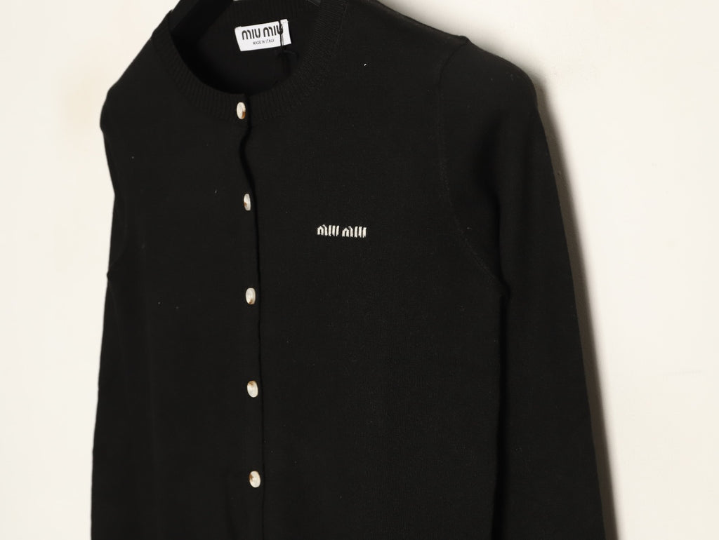 Miu Miu Embroidered Logo Black Knit Cardigan
