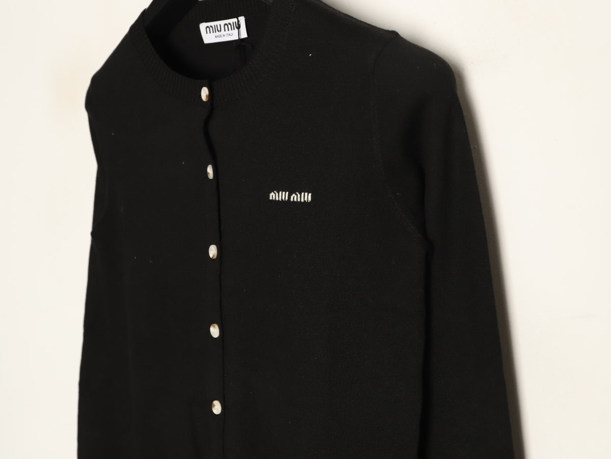 Miu Miu Embroidered Logo Black Knit Cardigan