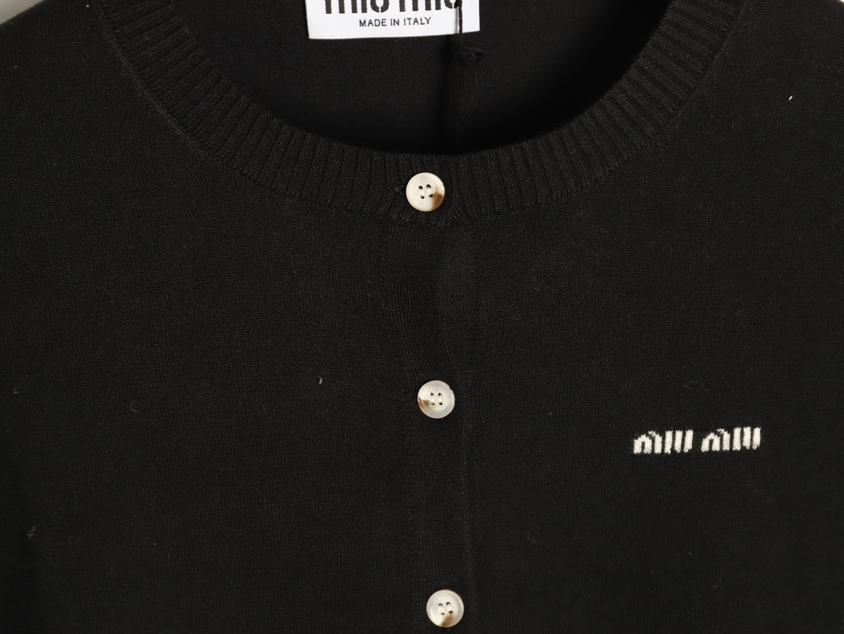 Miu Miu Embroidered Logo Black Knit Cardigan
