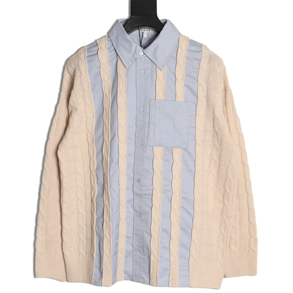 Loewe Anagram Embroidered Cream & Blue Striped Wool-Blend Shirt