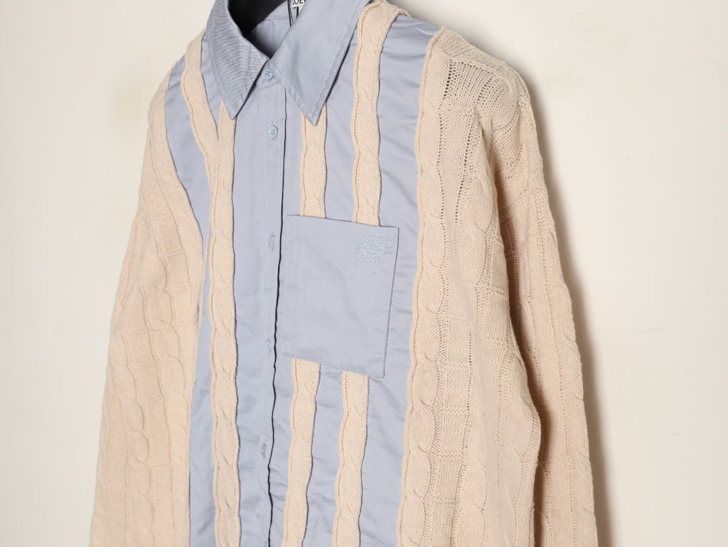 Loewe Anagram Embroidered Cream & Blue Striped Wool-Blend Shirt