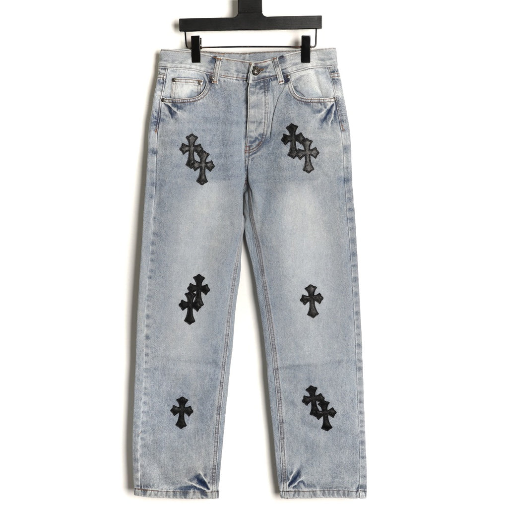 Chrome Hearts Leather Cross Patch Embroidered Washed Jeans
