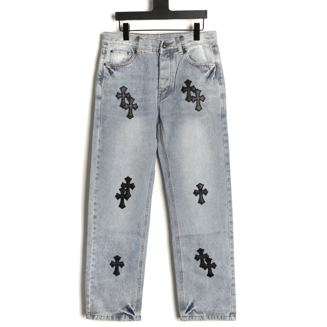 Chrome Hearts Leather Cross Patch Embroidered Washed Jeans