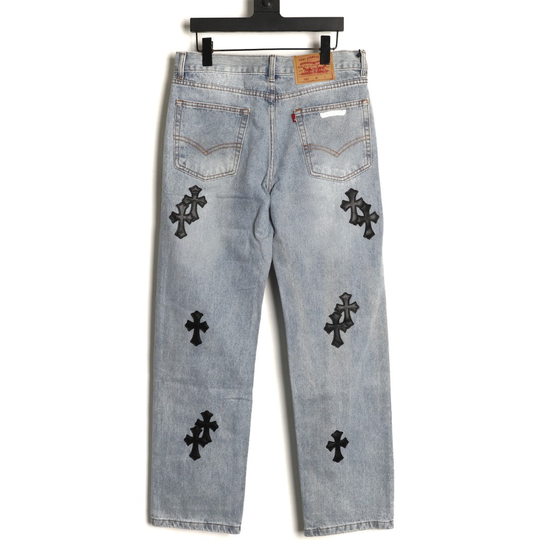 Chrome Hearts Leather Cross Patch Embroidered Washed Jeans