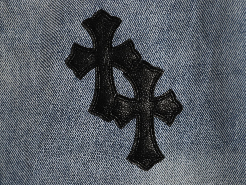 Chrome Hearts Leather Cross Patch Embroidered Washed Jeans