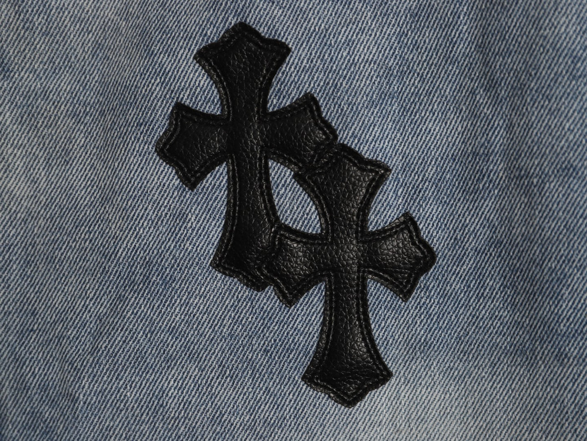 Chrome Hearts Leather Cross Patch Embroidered Washed Jeans