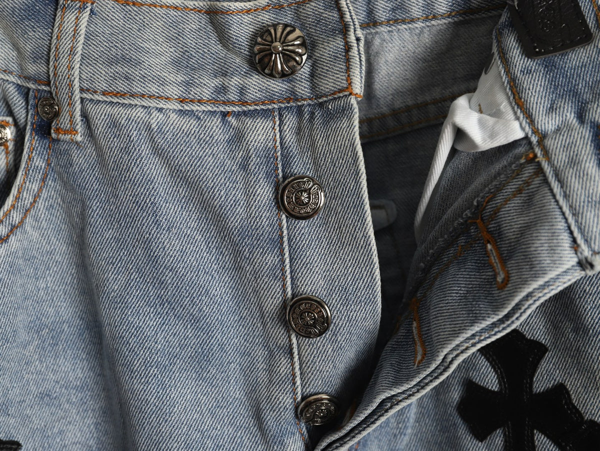 Chrome Hearts Leather Cross Patch Embroidered Washed Jeans