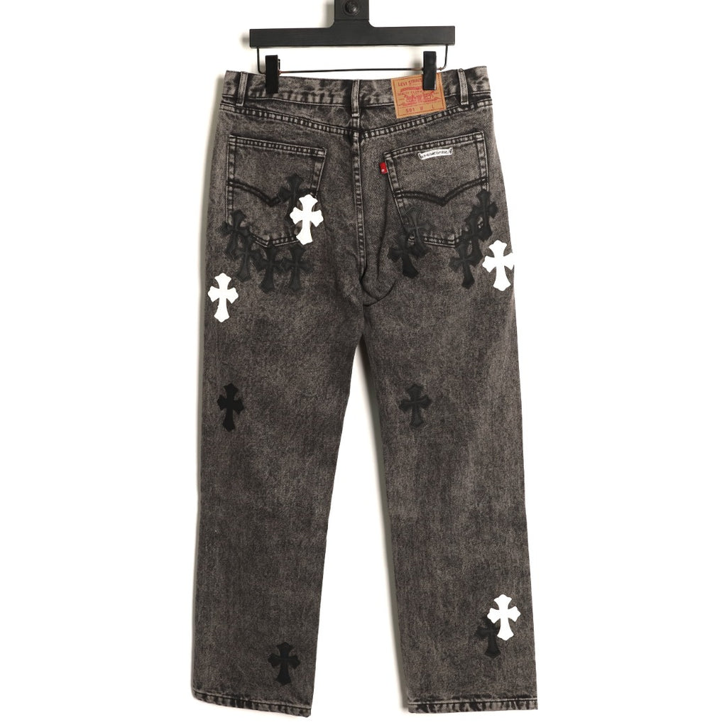 Chrome Hearts Contrast Cross Patch Embroidered Dark-Wash Jeans