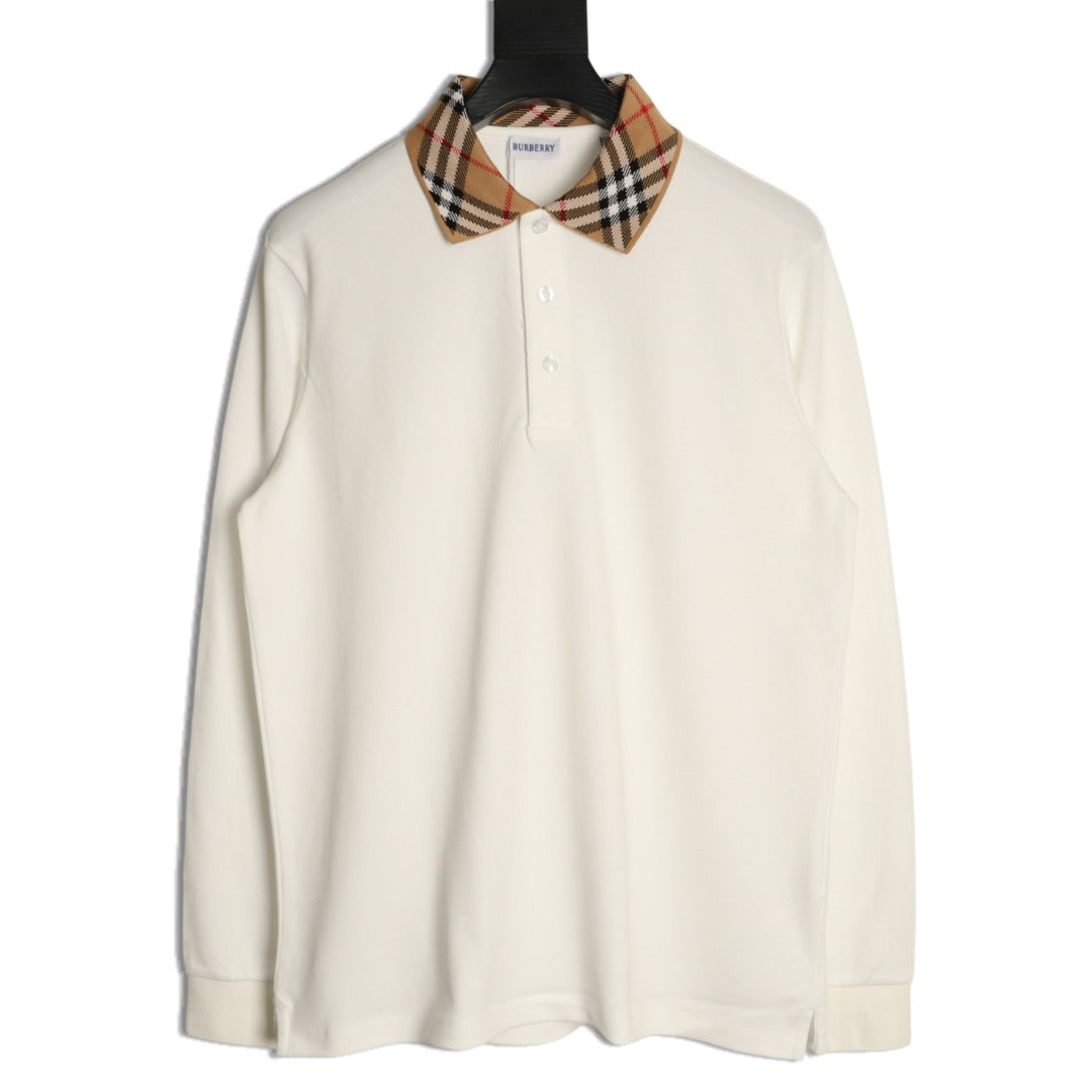 Burberry 26SS Check-Collar Ivory Long-Sleeve Polo Shirt