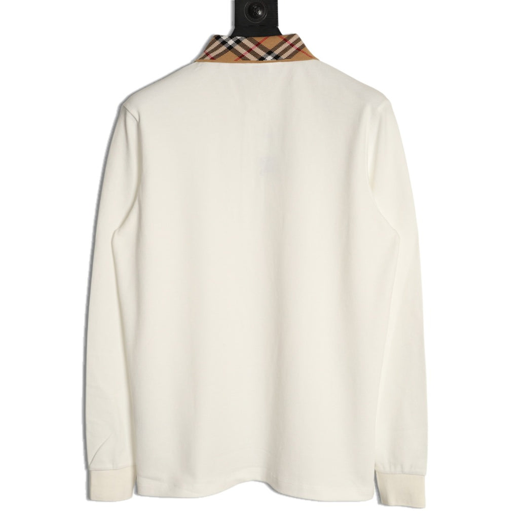 Burberry 26SS Check-Collar Ivory Long-Sleeve Polo Shirt