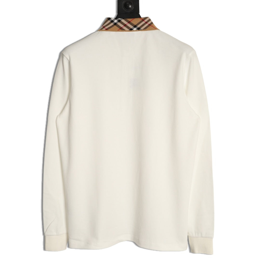 Burberry 26SS Check-Collar Ivory Long-Sleeve Polo Shirt