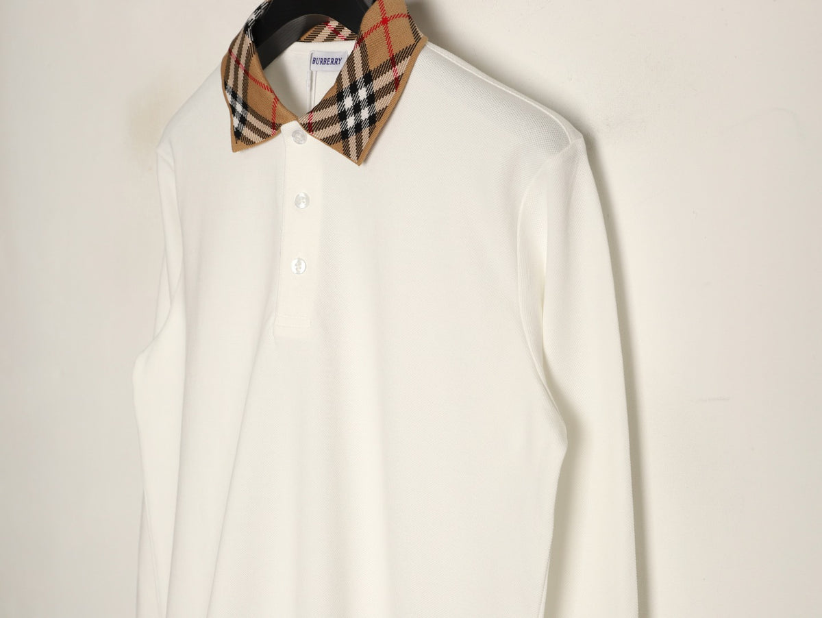 Burberry 26SS Check-Collar Ivory Long-Sleeve Polo Shirt