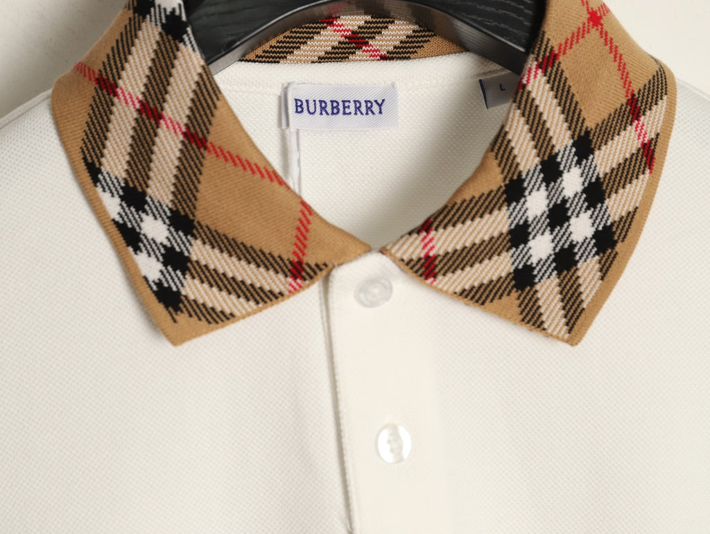 Burberry 26SS Check-Collar Ivory Long-Sleeve Polo Shirt