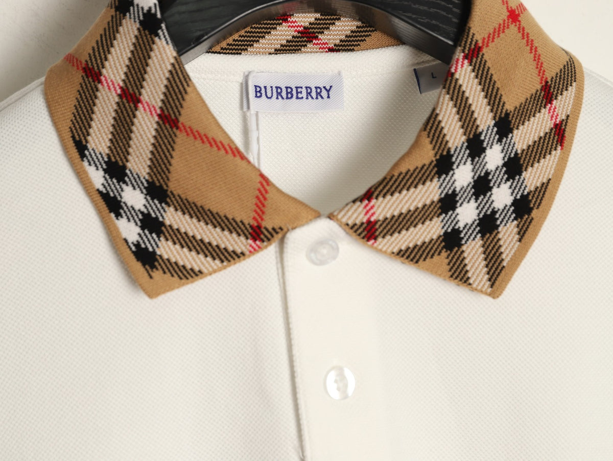 Burberry 26SS Check-Collar Ivory Long-Sleeve Polo Shirt